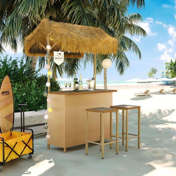 GO Hawaiian-style Height Patio Set PE Grass Canopy, Outdoor Bar Table Stools with Adjustable Feet, Acacia Wood Top, for Dining and Drinking, Natural