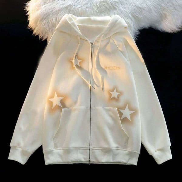 New Retro Graffiti Star Print Hooded Zipper Coat Collection Spring And Autumn Casual Fashion Trends Versatile Lazy Wind 26L0515