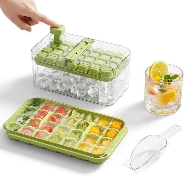 Ice Cube Trays with Lid and Bin 2026 New Stackable Press Ice Cube Tray Easy-Release Reusable Ice Mold for Cocktail Whiskey Coffee One layer