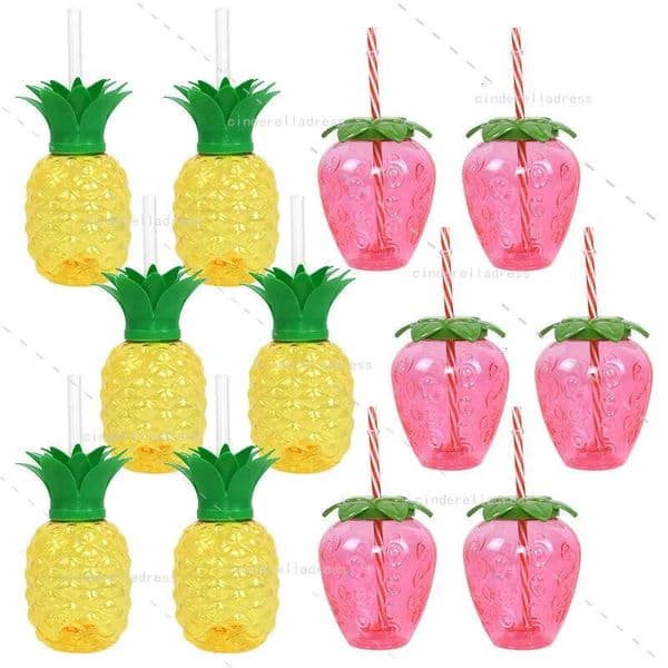 Hawaiian Summer Pineapple Strawberry With Straw Tropical Wedding Flamingo Luau Birthday Party Decoration Drinking Cup 250805 0515