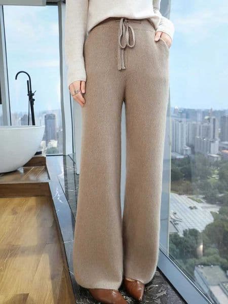 100 Pure Mink Cashmere Knitted Wide-Leg Pants Women Lace-up Elastic High-Waisted Trousers Casual Loose Mop Pants Thick Leggings C260515