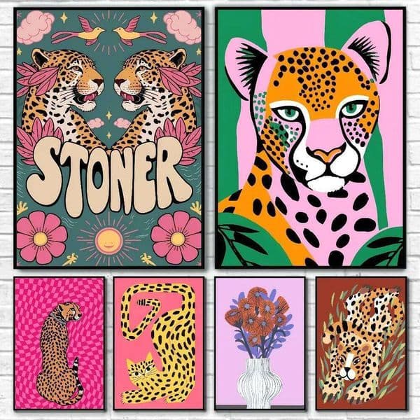 Wild Leopard Tiger Vase Flower Poster Print Home Living Room Bedroom Entrance Bar Cafe Art Painting Decoration 26L0515