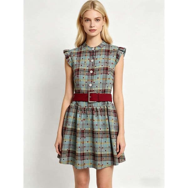 Designer high-end women's fashionable autumn new item sweet, fresh, elegant sleeves shiny rhinestone plaid dress