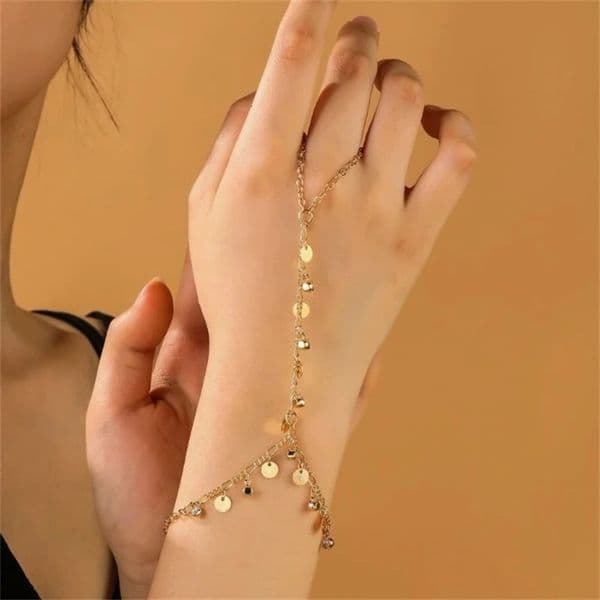Gold Color Thin Link Chain Bracelet Connected Finger Ring Bangle Bracelets for Women Minimalist Metal Hand Chain Party Jewelry 260513