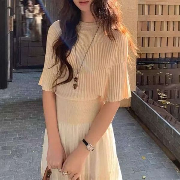 T Shirt Summer New Versatile Slimming Round Neck Knit Cape Blouse With Unique Design And Stylish Mid-Sleeve Top For Women Women's Knits Tees