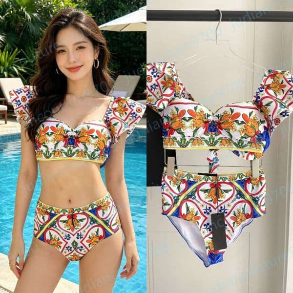 Swimwear designer woman maillot de bain High Waisted Two Piece Swimsuit Ruffle Sleeve Brand logo Floral Print Bikini Set Designer Quick-dry stretch Beach Pool