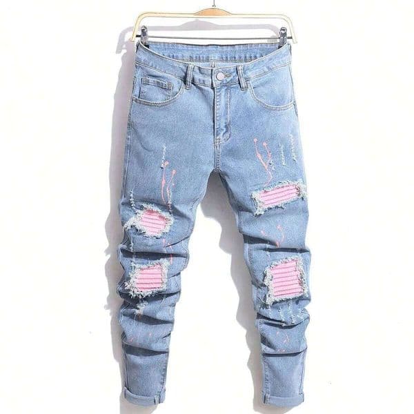 Men's Cool Ripped Skinny Trousers Stretch Slim Denim Pants Patchwork Hip Hop Black Blue Casual Jogging Jeans for Men 26L0515