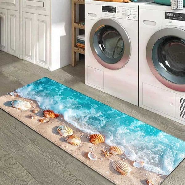 3D Ocean Beach Seashell Kitchen Runner Rug Realistic Wave Sand Starfish Non-Slip Absorbent Floor Mat for Entryway Bathroom L260515