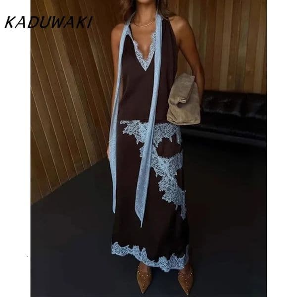 KADUWAKI Lace Patchwork Vest Slit Skirts 2pcs Woman VNeck Sleeveless Sexy Tops Hollow Slim High Waist Fashion Out Suits 260515