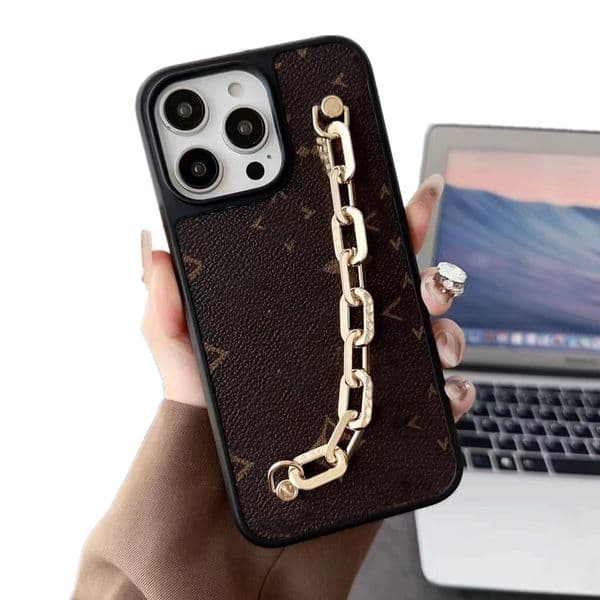 Designer Monogram Leather Phone Case Chain Wristband for iPhone 17 Pro Max/16/15/14/13/12/11 Samsung Galaxy S26 Ultra s25/s24/S23/S22 Wrist Strap Protective Mobile Cover