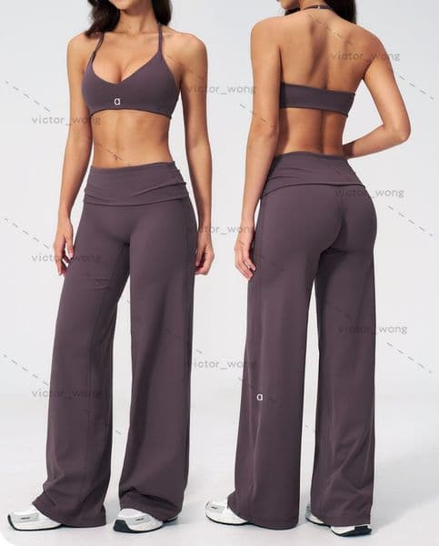 A5529 Women's Designer Two Piece Workout Set - Halter Sports Bra Gym Set Fold-Over Waist Wide Leg Pants Tracksuit