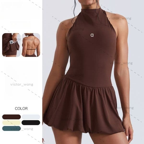 5767 Women's Designer Halter Neck Tennis Dress - Open Back Yoga Dress with Built-In Shorts Pocket Golf Dress