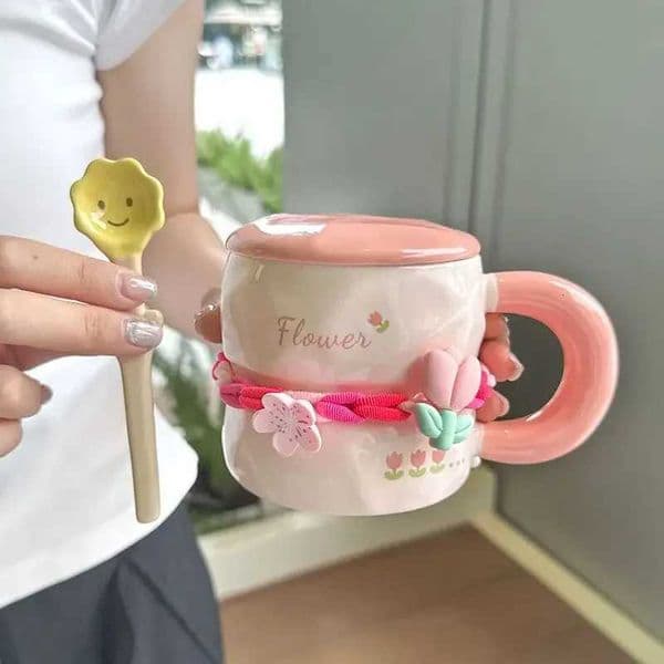 390ML Hand-Painted Flower Tea Cup Ceramic Mug Lid with Spoon Office Drinkware Cups Tea Coffee Milk Juice Bottle Creative GiftJ260515