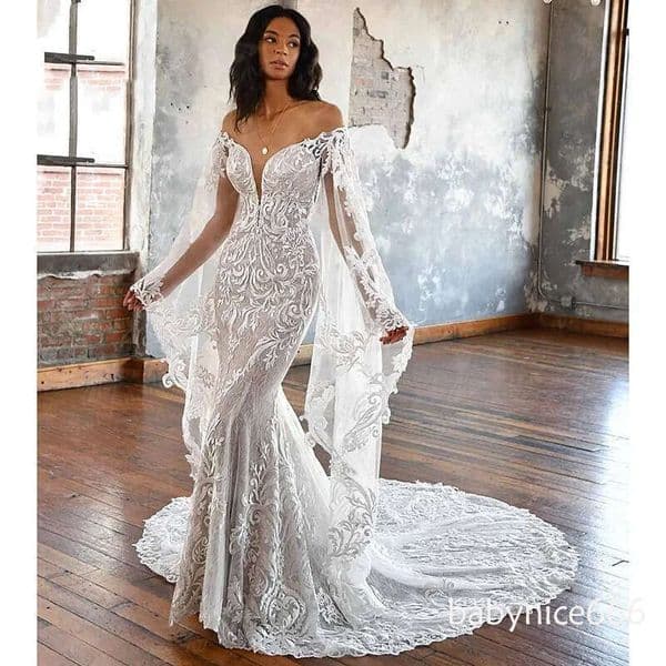 Sexy Backless Mermaid Wedding Gown Modern Lace with Sweep Train Off Shoulder Neckline Capped Sleeves Boho Beach and Garden Bridal Dress