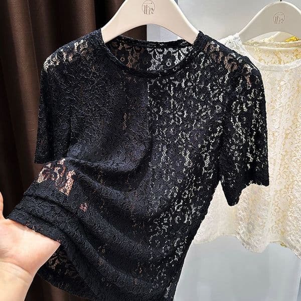 Women's T-Shirt Korean Style Women Round Neck Floral Crochet Lace Tee Semi Sheer Elegant Top Dating Weekend Street Outfit