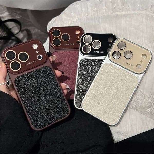 Luxury Lichee Pattern Leather Phone Case For iPhone 17 16 15 14 13 12 Pro Max Hard PC Camera Window Back Cover 26Y0515