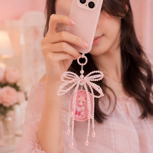 Sailor Moon Pink Pearl Bow Phone Charm Strap Wristlet, Anime Character Anti-drop Phone Lanyard