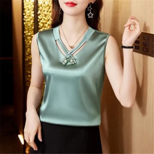 Summer V Neck Solid Beaded Shirt Fashion Sleeveless Satin Blouse for Woman Loose Casual Silk Top Blusas Elegant 260515