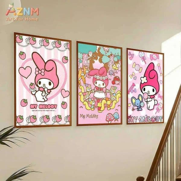 AZNM My Melody Unframed Canvas Wall Art, Cute Cartoon Print Poster for Girls Kids Nursery Bedroom Living Room Home Decor Gi W260515