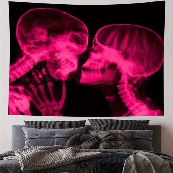 VIKAMA Pink Skull X-Ray Tapestry Skeletal Neon Unique Bedroom Music Party Trendy Living Room Decor 26W0515