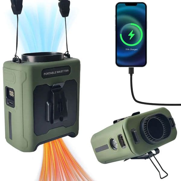 10000mAh Waist Fan Portable Handheld Hanging Neck Fan Ultra-Strong Wind with Phone Charging LED Light for Outdoor Working 260515