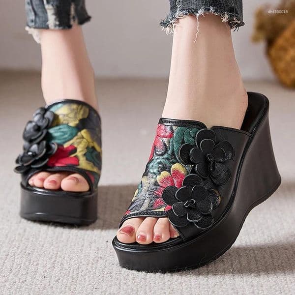 Slippers GKTINOO 2026 Genuine Leather Women Flower High Heels Wedges Summer Shoes Platform Retro Handmade Slipper