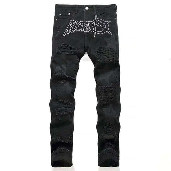 Autumn And Winter Retro Black Ripped Men'S Straight Leg Pentagram Patch Casual Jeans Pants 26L0515
