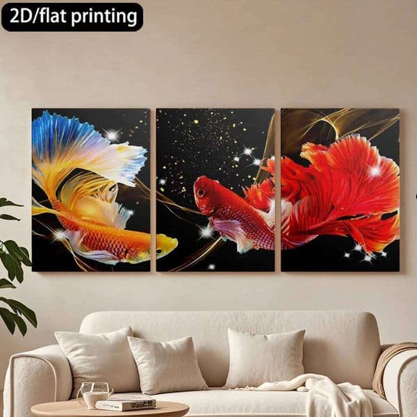 3pc wooden frame canvas decorative paintingTwo betta fish, sparkly black background.Corridor bedroom decoration W260515