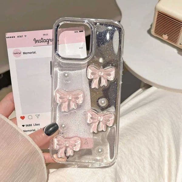 Korean Cute 3D Pink Bowknot Pearl Clear Phone Case For iPhone 16 15 14 13 12 11 Pro Max 16 Plus Shockproof Cover Z260514