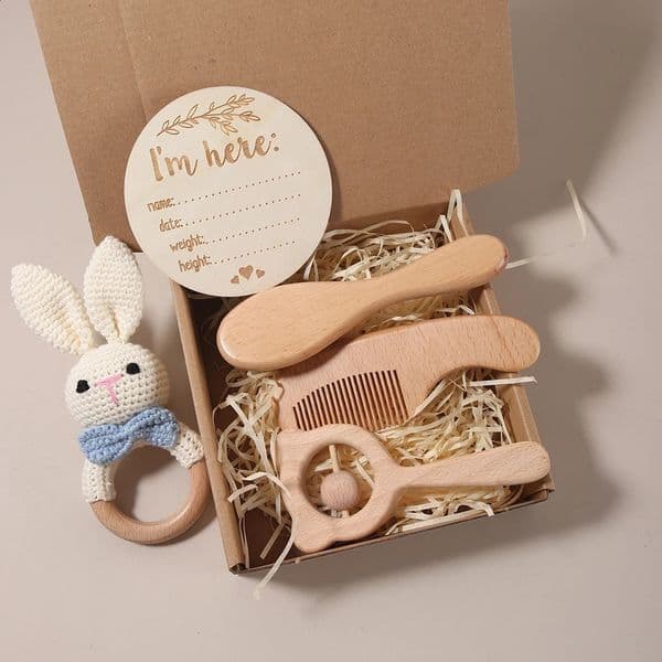 3-4 pcs baby comb brush set born gift set Natural Wool beech baby crochet bunny rattle baby shower gift260514