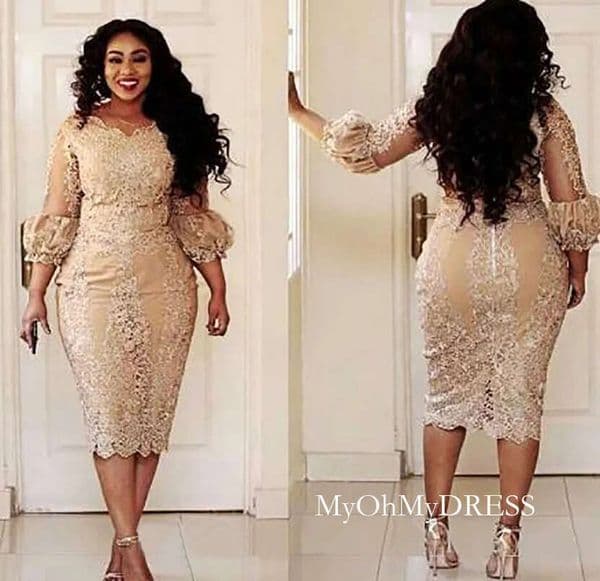 2023 Champagne Lace Short The Bride Dresses Plus Size Tea Length 3/4 Long Sleeve Sheath Mother Of Groom Gowns M02 Y516