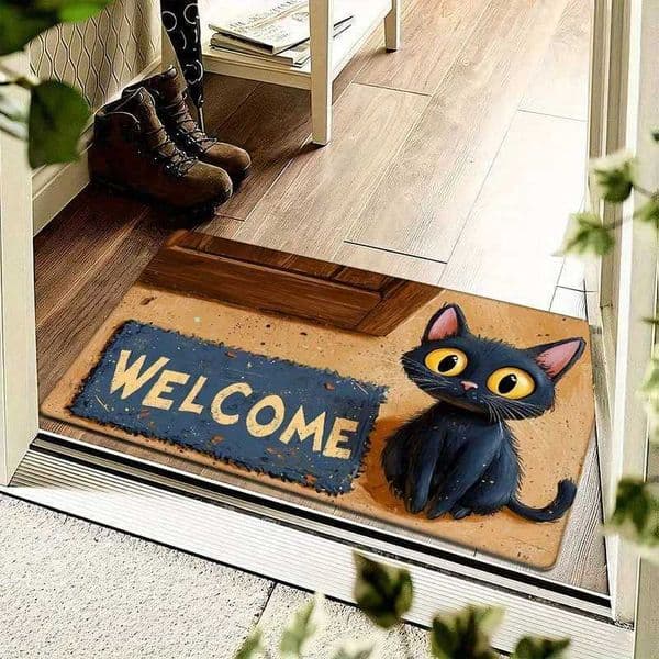 Charming Black Cat Welcome Mat Modern Minimalist Colorful Leaf Design Non-Slip Washable Entrance Rug for Home Decor L260515