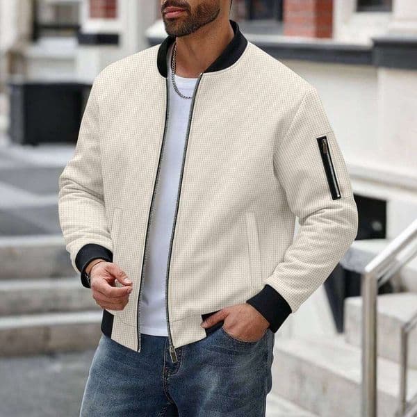Men's Breathable Waffle Knit Bomber Jacket 2026 New Arrival Contrast Trim Zip Up Stand Collar Streetwear Coat W260516