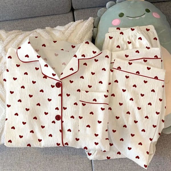 Spring and Autumn Womens Pajamas Homewear Set Girls Gentle Wind Love Cardigan Pajamas Wrinkled Cloth Homewear Long-Sleeved 260516