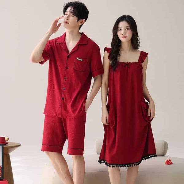 Pyjamas Lovers Festive Red Color Fashion Men Short Sleeve Shorts Cardigan Pajamas Sets Summer Sling Nightgowns For Young FemaleT260516