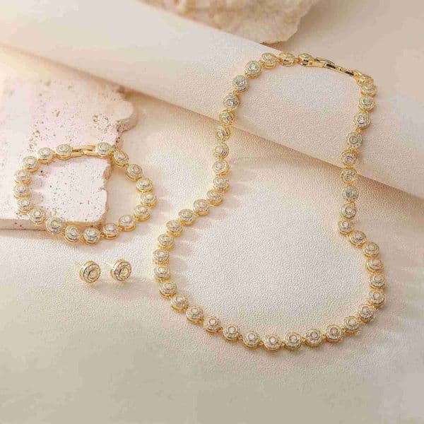 Gold Plated Brass 85mm Round CZ Stone Neutral Tennis Necklace/Bracelet/Stud Earrings Hip-Hop Sparkling Fashion Jewelry 1 Piece X260516