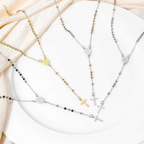 Stainl Steel Religious Link Cable Chain Necklace Cross Virgin Mary Prayer Beads For Women Gifts 49cm19 2/8 long 1 Piece X260516