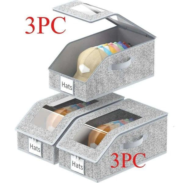 3 Pack Stackable Hat Organizer for Baseball Plastic Canvas Holds Up to 45 Caps with Clear Window Lid Foldable Gray 26Y0516