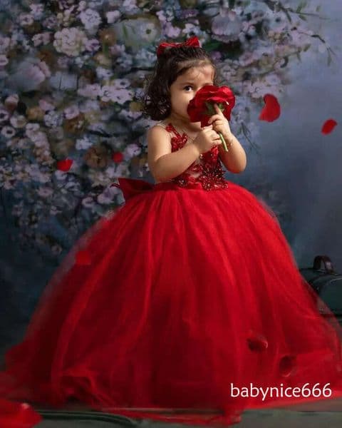 Luxurious Red Lace Flower Girl Dresses Beaded Crystals Ball Gown Tulle Lilttle Kids Birthday Pageant Weddding Gowns