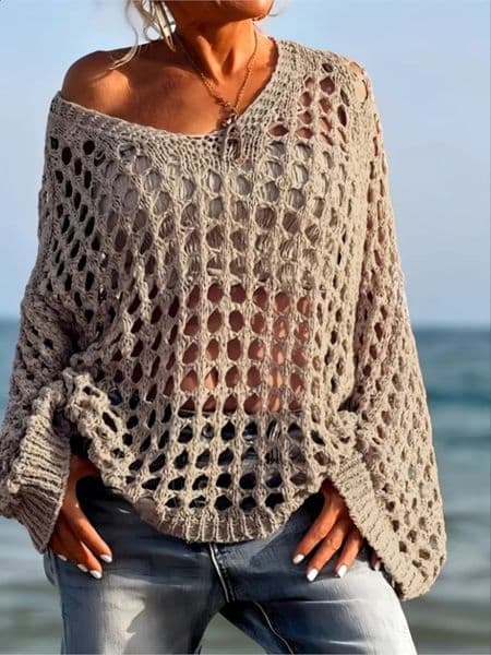 Casual Knit Tops For Women Fashion Solid Sweater Hollow Out Long Sleeve O Neck Pullover Loose Top Lady Holiday Beach Clothes 260515