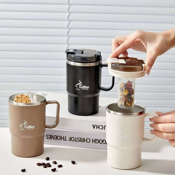 304 Stainless Steel Mug With Strainer& Folding Spoon Thermal Portable Double Wall Insulated Milk Coffee Cup Drinkware W260516