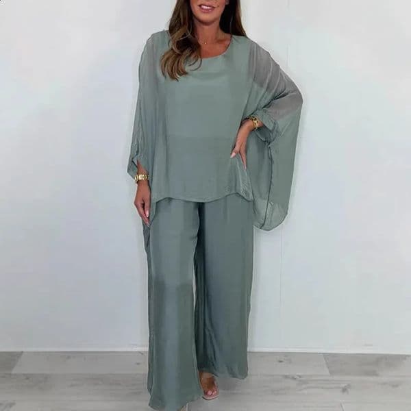 Women Fashion Chiffon 2pcs Sets Spring Summer Casual O Neck Loose Top Wideleg Pants Set Woman Batwing Sleeve Twopiece Suit 260515