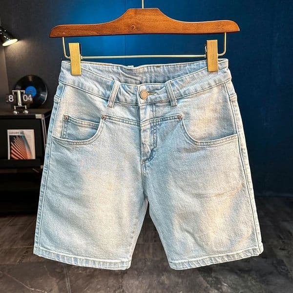 Mens Light Wash Denim Shorts Loose Fit FivePocket Casual Streetwear Knee Length 260515
