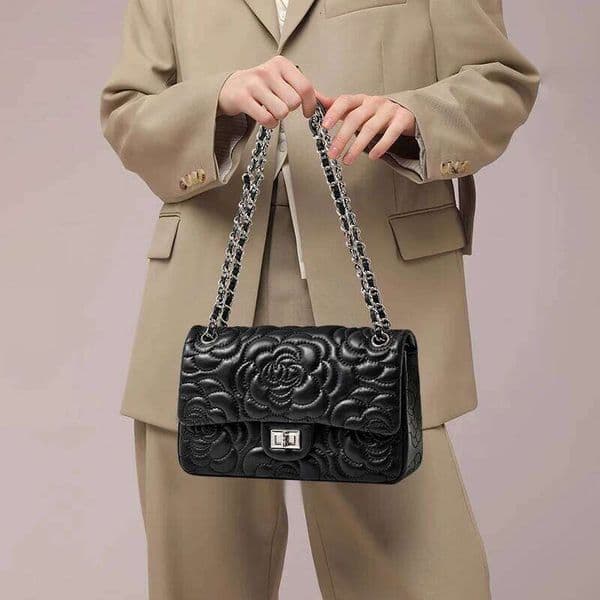 2026 New Women's Senior Sense Ladies Leather Camellia Pattern Chain Shoulder Messenger Bag