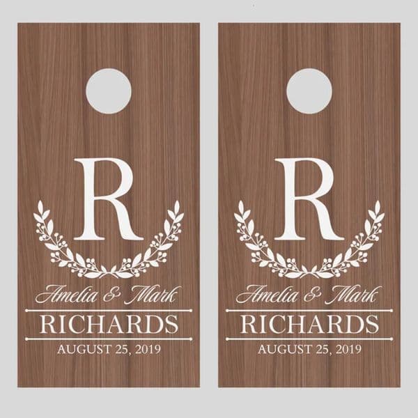 Luxury Designer Decor Cornhole Custom Corn Hole Sticker Wreath Initial Names And Established Date Lawn Game Decals room For Wedding Annivers 13