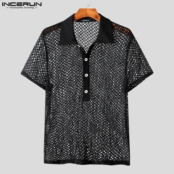 INCERUN Men Shirt Mesh Transparent Hollow Out Sexy Lapel Short Sleeve Clothing Streetwear 2026 Solid Fashion Camisas S5XL 260515