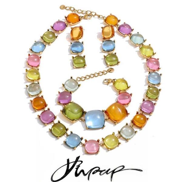 Yhpup Colorful Acrylic Resin Square Chain Necklace Bracelet Earrings Set PVD Plated Stainless Steel Fashion Y2K Jewelry X260516