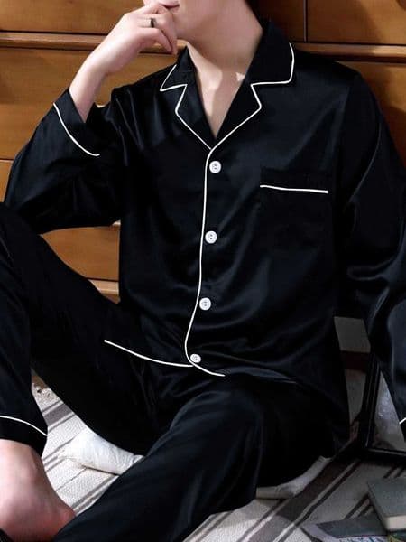 Two piece sets mens pajamas autumn and winter silk satin long sleeved pants casual simple solid color sleepwear setT260516
