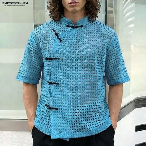 INCERUN Mens Shirt Hollow Out See Through Stand Collar Hlaf Sleeve Men Clothes Streetwear 2026 Button Vintage Camisa Tops Man 260515