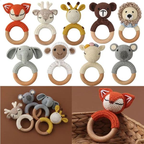 BPA Free Wooden Baby Teether Handmade Crochet Deer Rattle Toys Rodent Soother Teething Ring Toys born Mobile Pram Crib Toy260514